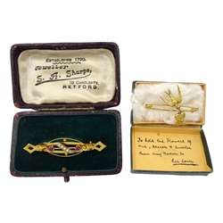 Victorian gold amethyst and split seed pearl bar brooch, stamped 9ct and Victorian gold swallow and heart bar brooch hallmarked, both retailed by Samuel Sharpe in original boxes

Notes: By direct decent from Sharpe family
