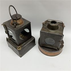Lamp Manufacturing & Railway Supplies Ltd Welch Patent steel and copper railway lamp marked LNER, with square base marked 'S', H25cm; together with another similar railway lamp with circular base, the reservoir stopper marked GWR (2)