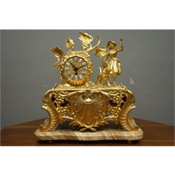  Late 20th century gilt metal figural mantel clock, decorated with scrolls and shell motifs, on serpentine moulded plinth, W38cm  