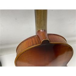 Czechoslovakian violin c1920 with 36cm two-piece maple back and ribs and spruce top, bears label 'Copy of Antonius Stradivarius Made in Czechoslovakia' L59cm; in carrying case; 1950s Czechoslovakian violin; and 195os Czechoslovakian three-quarter size violin; both cased (3)