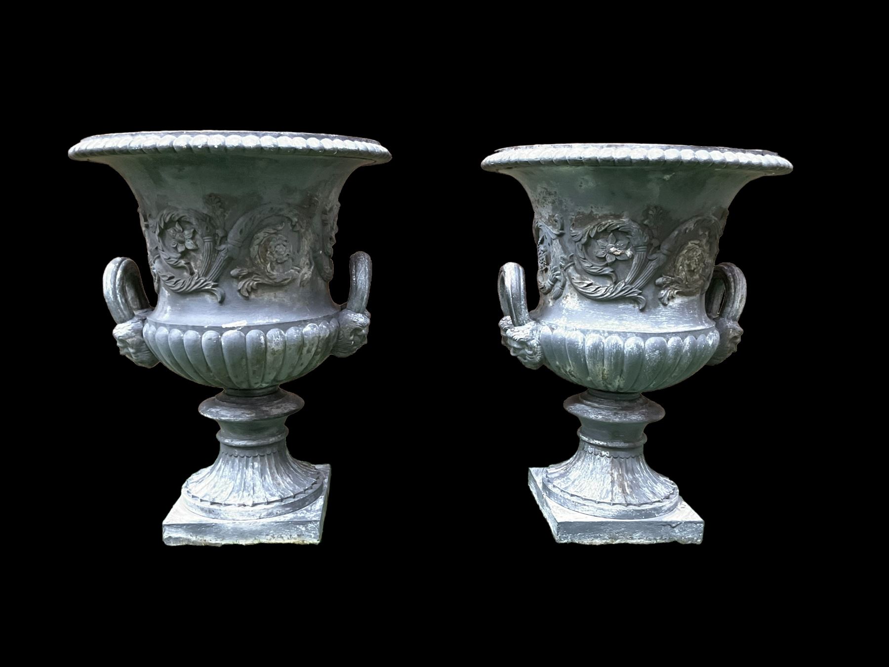 Pair of Victorian ornate cast iron garden urns, painted in grey finish - THIS LOT IS TO BE COLLECTED BY APPOINTMENT FROM DUGGLEBY STORAGE, GREAT HILL, EASTFIELD, SCARBOROUGH, YO11 3TX
