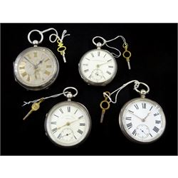 Four Victorian and Edwardian silver open face English lever pocket watches by Thomas Russell & Sons, Liverpool; F Turner, Penrith; John Mason, Rotherham & Barnsley and L Milhood?, Manchester, enamel and silvered dial with Roman numerals, engraved cases with cartouche hallmarked