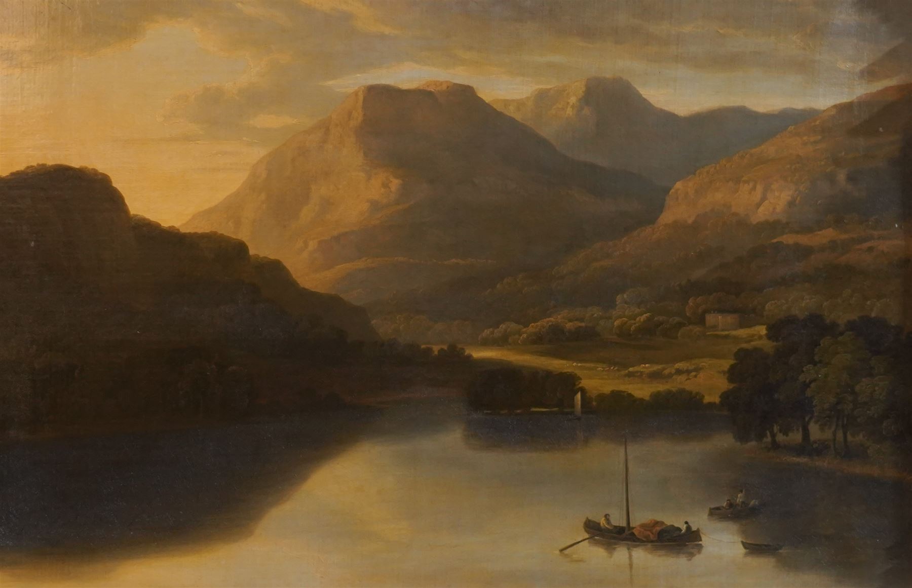 Sir Augustus Wall Callcott (British 1779-1844): 'Skiddaw and Derwent Water', oil on canvas inscribed and titled on the mount 66cm x 100cm, in 19th century gilt and gesso swept ornate frame with scrolling scalloped shell motifs