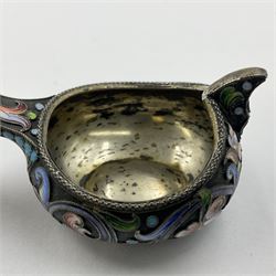 Late 19th century Russian silver kovsh, the body with polychrome cloisonne enamel floral decoration and turquoise enamel bead borders to base and handle, marked beneath with Kokoshnik mark, 84 standard, makers mark MC, possibly for Mikhail Fyodorovich Sokolov, L7cm, H3cm