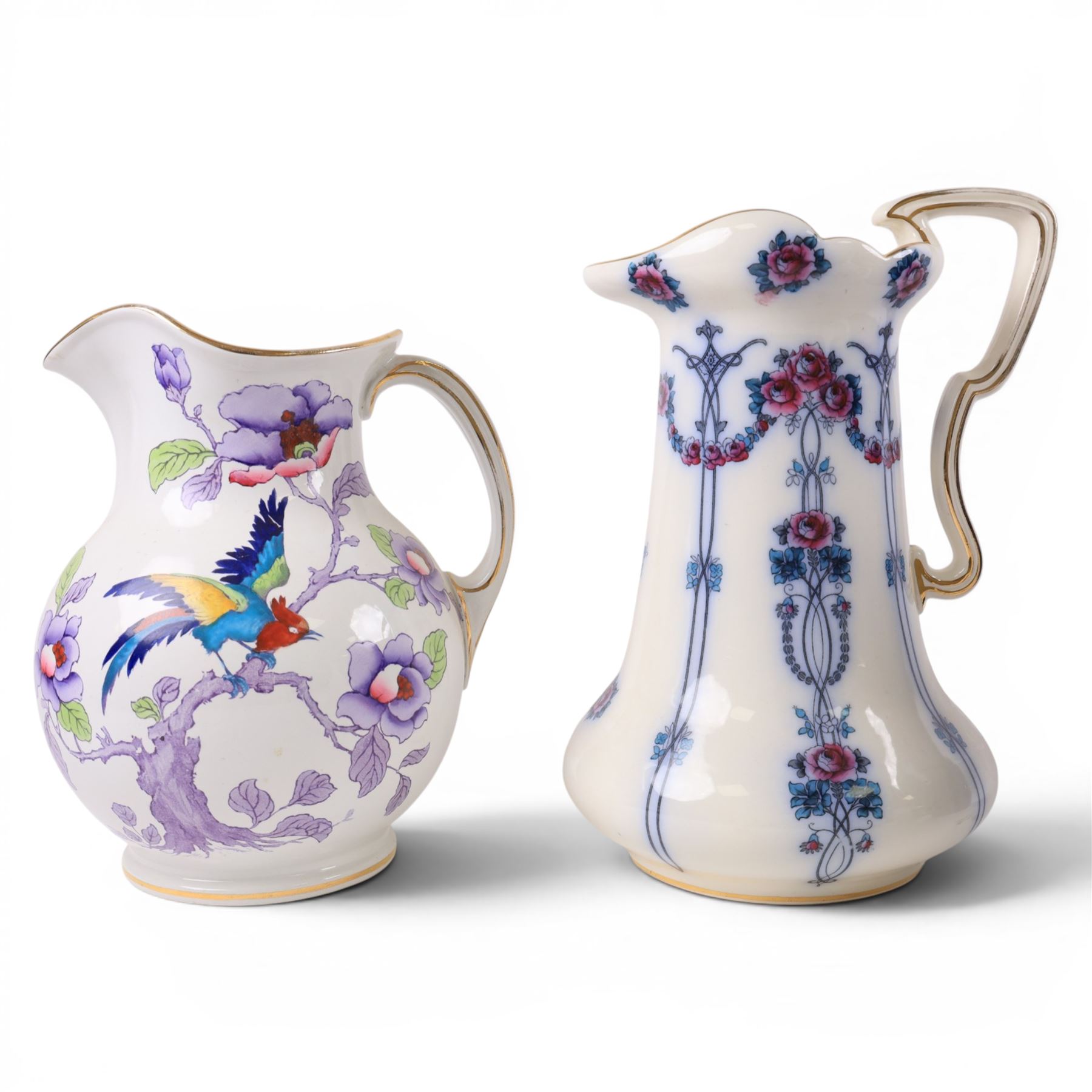 Edwardian blue glazed slop bucket, together with two toilet jugs, vases etc 