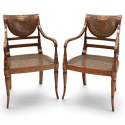 Pair of Sheraton Revival painted mahogany open armchairs, scrolled cresting rail with flor...