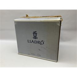 Lladro figure, Where Love Begins, modelled as a mother of child feeding birds, on a mahogany base, limited edition 3413/4000, with original box, no 7649, year issued 1995, year retired 1996, H36cm 