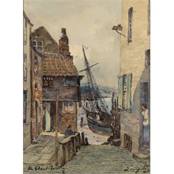 Thomas Swift Hutton (British 1860-1935): 'Tin Ghaut - Whitby', George Percy Bankart (British 1866-1929): ‘River Esk at Whitby’, Edith F Hillier (British 19th/20th Century): ‘The Market Place – Whitby'; together with other Whitby related watercolours variously signed and titled max 36.5cm x 26.5cm (6)