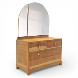 Early 20th century Art Deco bedroom suite, comprising double wardrobe, dressing table and chest of drawers, constructed in walnut with figured veneers and geometric banding, the wardrobe with arched top and panelled doors enclosing a fitted interior, the dressing table with rectangular top below a three panel mirror arrangement, fitted with two short over two long drawers, the chest with three short and three long drawers, each piece fitted with faceted handles and raised on shaped feet
Wardrobe (H 177cm, D 46cm, W 112cm)
Chest (H 85cm, D 48cm, W 92cm)
Dressing table (H 160cm, D 52cm, W 106cm)
