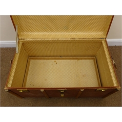  Large vintage travelling chest, hinged lid with clasps, leather carrying handles, W91cm, H51cm, D53cm  