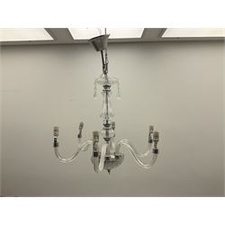 Glass chandelier with thirteen curved branches, with drip pans, glass swags and droppers, together with another smaller six branched example