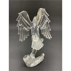 Swarovski Crystal animals, comprising white peacock, the tail with cascading blue flowers, perched eagle with yellow beak, ibex with frosted crystal horns and unicorn with frosted crystal horn, tallest H13cm