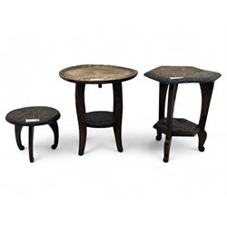 Group of three carved hardwood occasional tables, comprising a circular two-tier table wit...