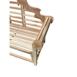 Lutyens design teak garden bench, shaped back over strap seat and scrolled arms
