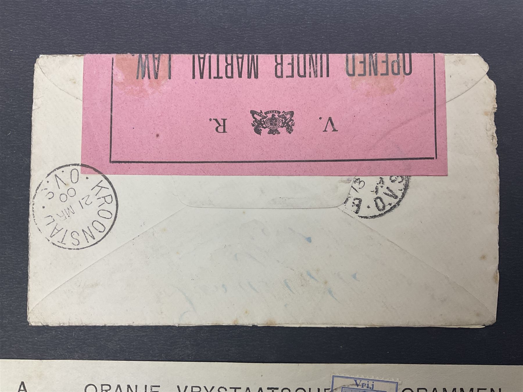 South Africa, Orange Free State, partial cover with one penny stamp cancelled with various postmarks 'Stopped By Censor Return To Sender' purple rectangular stamp and 'V R Opened Under Martial Law' pink slip and three telegrams with various stamp values
