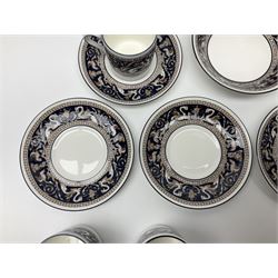 Wedgwood navy Florentine pattern coffee service for six, comprising coffeepot, coffee cans and saucers, milk jug, twin handled covered sucrier and small dish