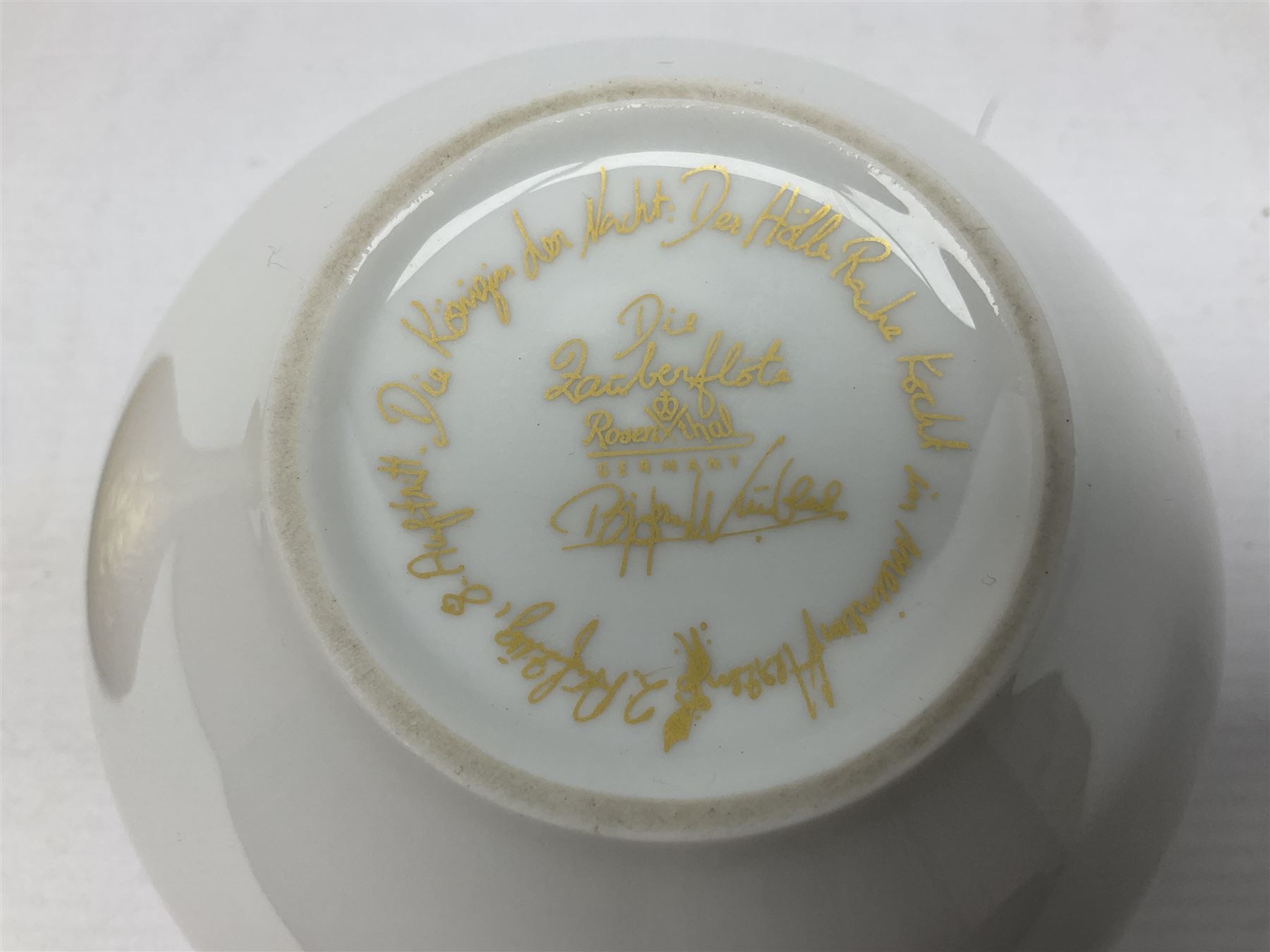 Rosenthal lidded bowl decorated in the Magic Flute pattern, designed by Bjorn Wiinblad, with gilt factory marks and signature to base, H20cm