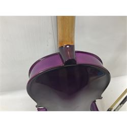Intermusic 3/4 violin with a violet coloured solid wood body, ebonised fingerboard and fittings, bow and hard case, length 54cm