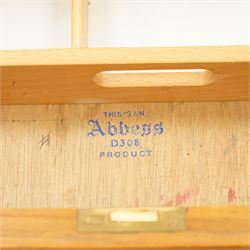Abbess Woodwork Company - Mid  20th century solid oak single pedestal desk, rounded rectangular top with single pedestal, oak pull handles with fitted slide, above a drawer with cutlery divider, over a double height drawer, square tapering supports united by stretchers