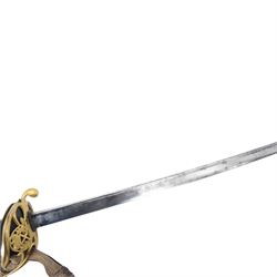 British William IV 1822 pattern Infantry General sword, retailed by John Salter cutler to Horatio Nelson and Prince Augustus Fredrick, Duke of Sussex, the 73cm curved pipe backed blade etched to both sides, with the royal monogram and the owners coat of arms and initials 'GD, brass gothic guard with original gilding, the cartouche of the crossed baton depicting the crossed baton and sword of a general, shagreen covered grip and triple wire binding, the guard complete with leather lining and gilt sword knot, in leather scabbard with three gilt brass mounts, the top mount bearing the cutlers name and address, with twin suspension rings, overall L89cm  