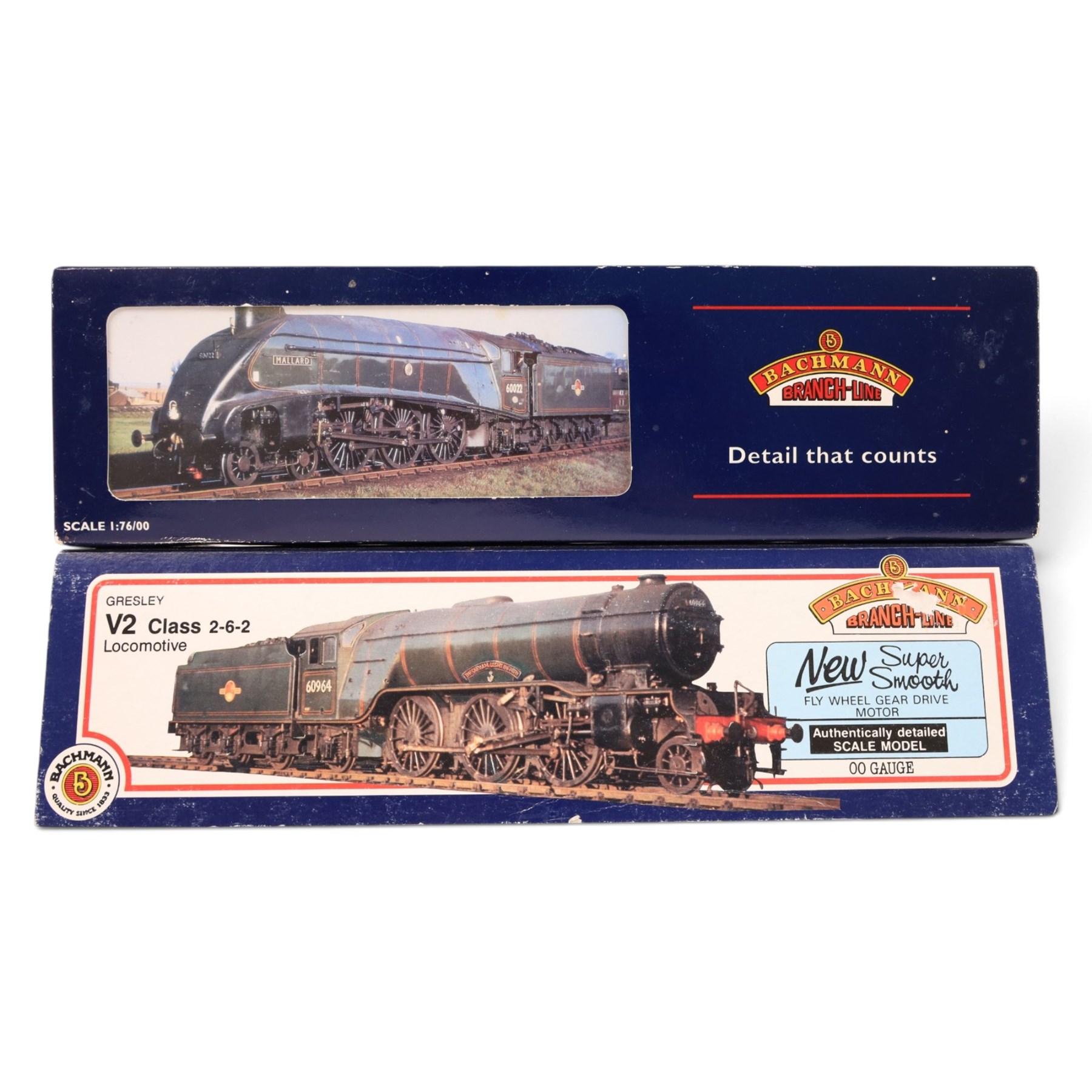 Six Bachmann 00 gauge locomotives, comprising no. 31959 A4 Class 4-6-2 'Miles Beevor' no. 26, no. 31958 A4 Class 'Guillemot' no. 60020, no. 31176Z Jubilee Class 4-6-0 'Bahamas' no. 45596, no. 31552 V2 Class 'Durham Light Infantry' no. 60964, no. 31053 J72 Class 0-6-0T locomotive and no. 31608 V3 Class Tank Locomotive no. 7684, all boxed