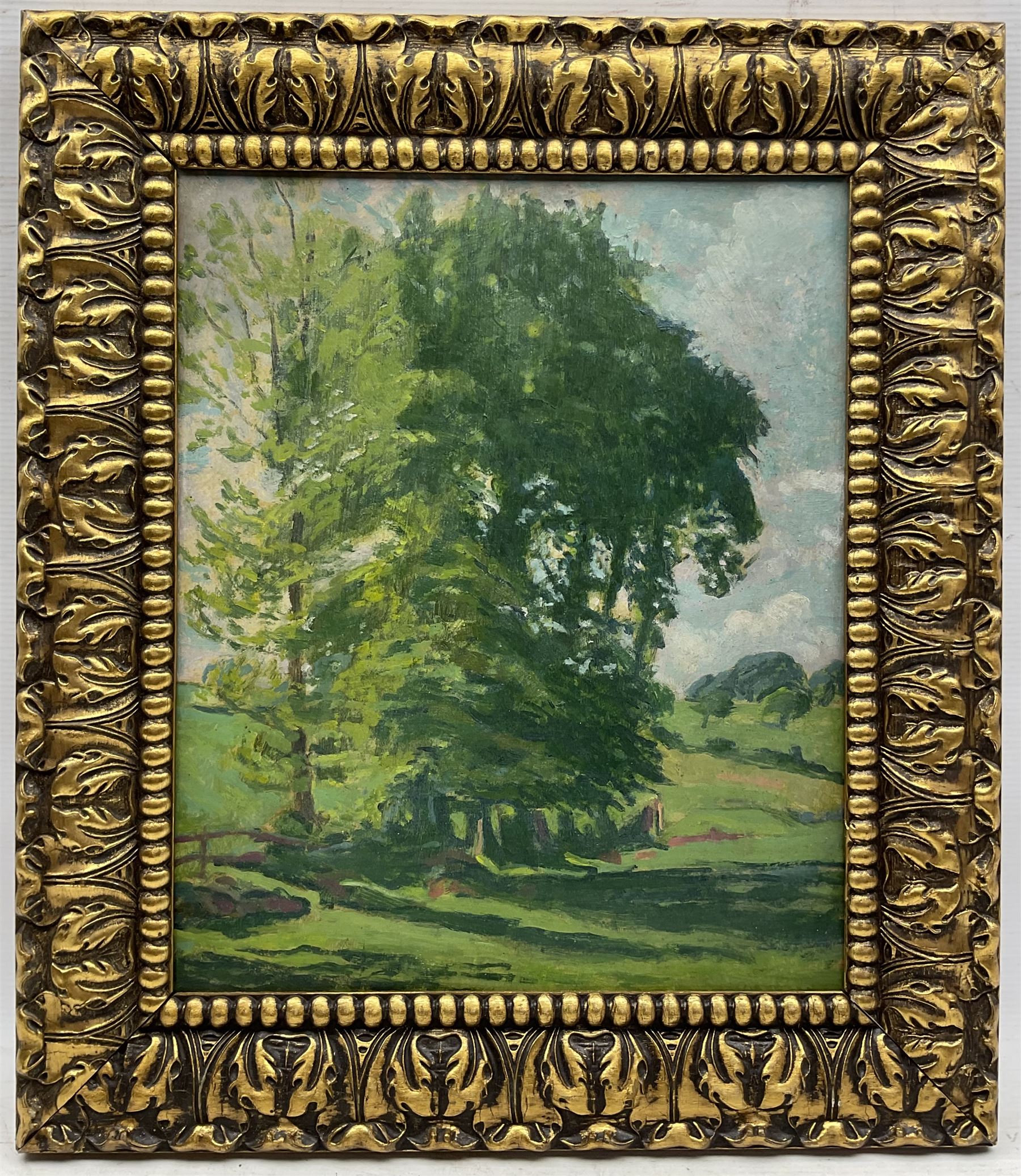Frank Griffith (British 1889-1979): Study of Trees, oil on board, signed with initials verso with a further landscape sketch 39cm x 32cm 
Notes: Griffith studied and associated some of the leading artists of his day, including Paul Signac, Walter Sickert, and Charles Ginner.