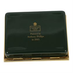 Two Halcyon Days bespoke commissioned enamel pill boxes, painted with 'The Clock House' and 'Polly & Lizzie'