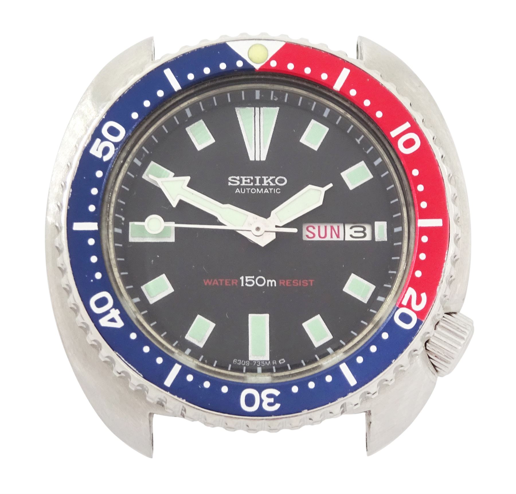 Seiko gentleman's stainless steel divers automatic wristwatch, Ref. 6309-729B, black dial with luminous hour markers hands and centre seconds and day / date aperture, with blue and red 'Pespi' bezel