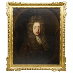 Attrib. Sir Godfrey Kneller (German/British 1646-1723): Quarter-Length Portrait of a Young Gentleman wearing a Full-Bottomed Wig possibly Philippe II Duke of Orléans, 18th century oil on canvas unsigned, attributed on the mount 74cm x 62cm, housed in giltwood frame with foliate moulding, overall 90cm x 77cm
Notes: portraits of young men were often commissioned around this age to mark their coming of age or entry into society. Inscription verso could reference Philippe II Duke of Orleans