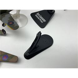 Thirteen unboxed Corgi Aviation Archive or similar die-cast models of aircraft, most with stands; Airfix 1:72 scale construction kit for BAe Harrier GR3; and two boxed Shell Collection die-cast models of cars