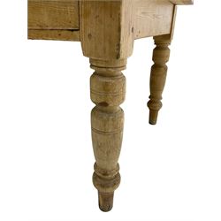 Victorian rustic rectangular pine kitchen table, fitted with three drawers, raised on ring turned supports