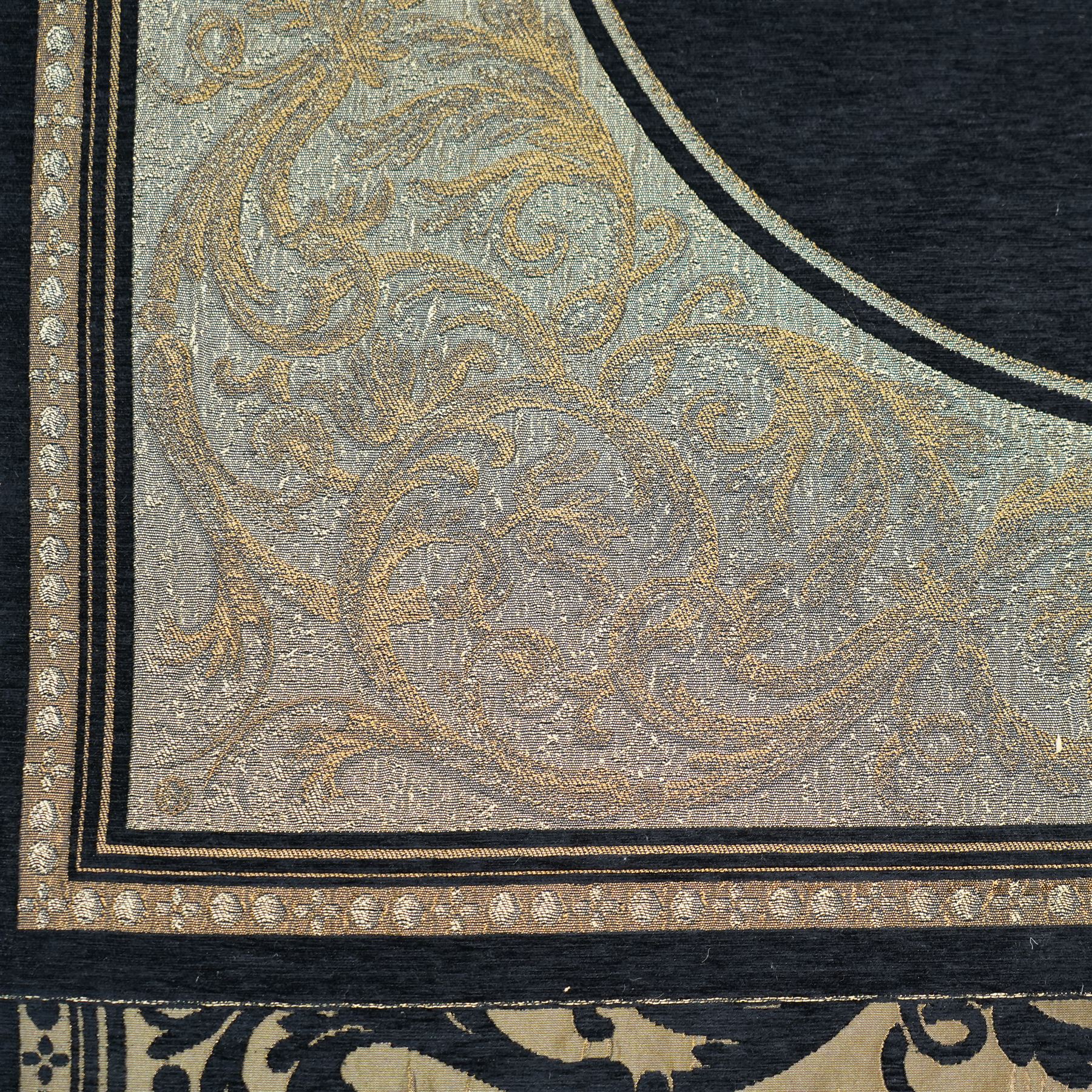 Large heraldic wall hanging, decorated with gilt threads, the central coat of arms over Latin motto 'Mea Gloria Fides' or 'Faith is my Glory',  174cm x 255cm