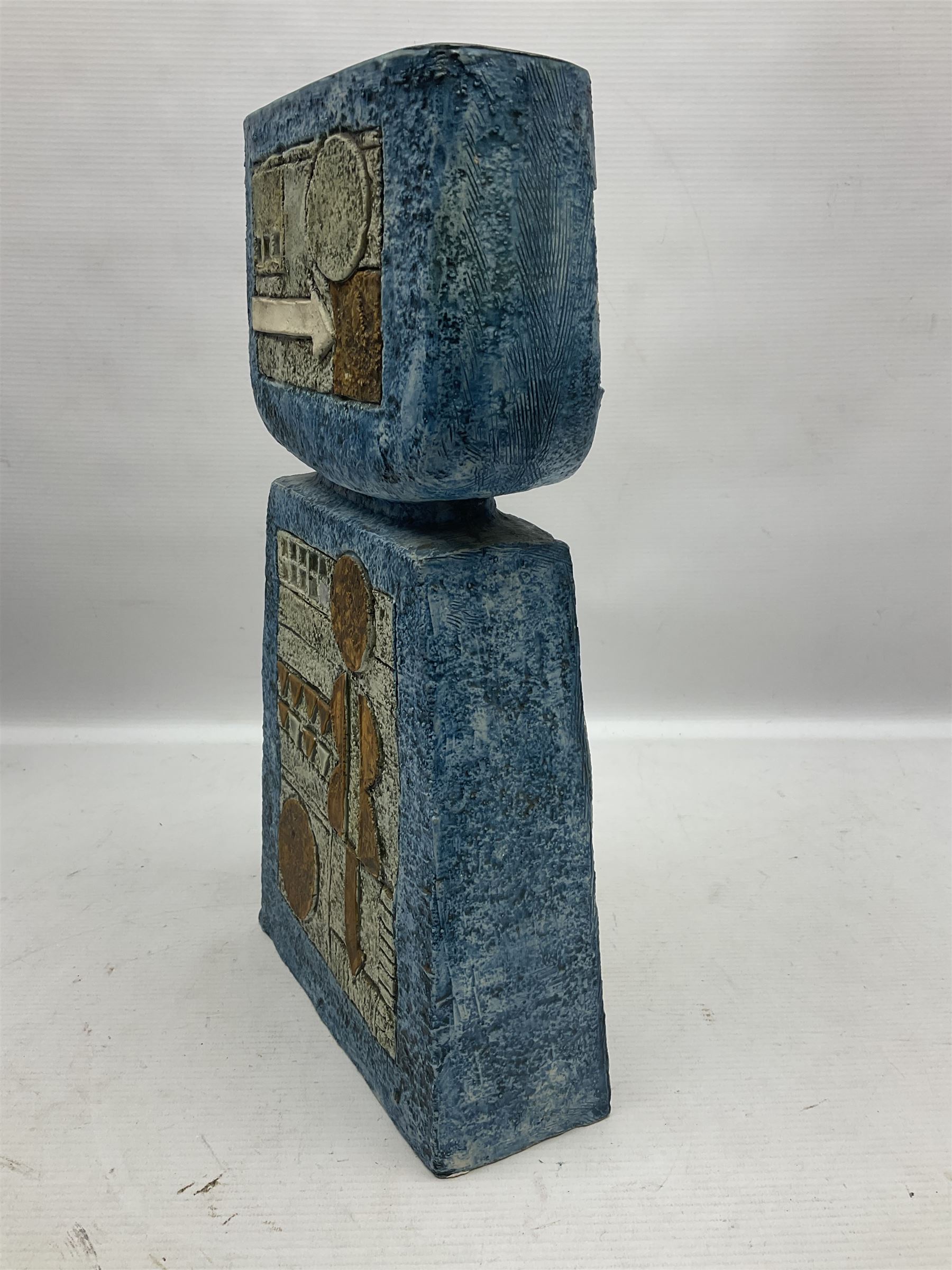 Large Troika double base vase, decorated with geometric design upon a blue ground, designed by Annette Walters, with painted marks beneath, H36cm  