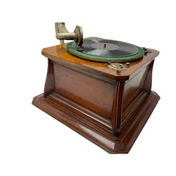 Early 20th century Mead mahogany cased table top gramophone with stepped base 45cm square, with painted tin horn; and quantity of 78rpm records