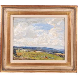 Mark Senior (Staithes Group 1964-1927): Hinderwell Landscape, oil on panel unsigned 21cm x 26cm 
Notes: probably exh. Phillips & Sons, in a style of frame favoured by Peter Phillips.