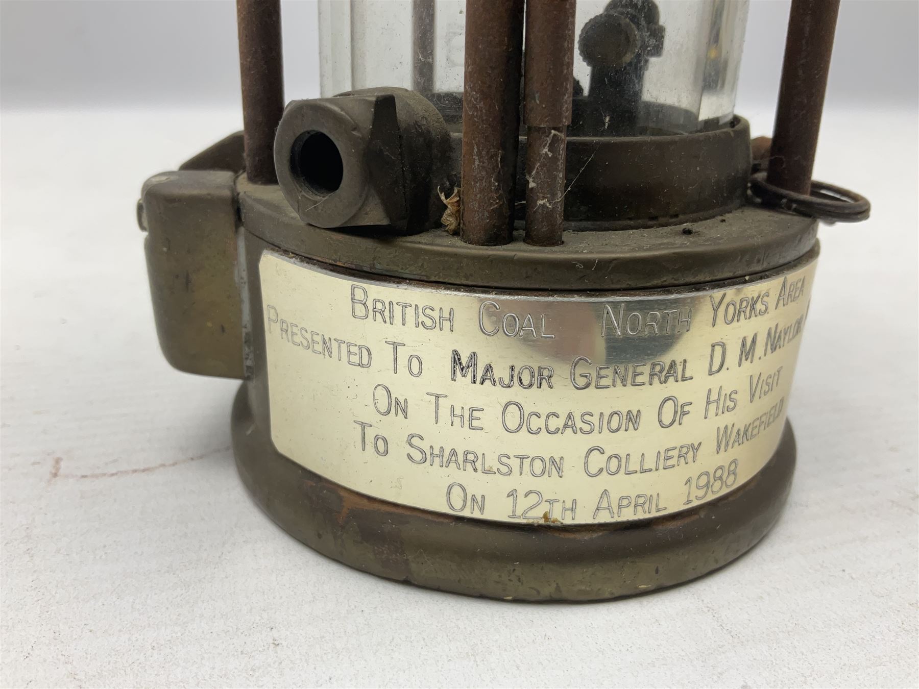 Miners Lamp The Protector, Eccles no 3533, with engraved plaque, H26cm