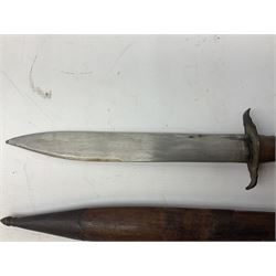 Burmese dha dagger with 15cm steel blade, white metal ferrule and horn handle, in white metal and filigree scabbard L30.5cm; a Burmese long bladed knife with horn handle and brass mounted teak scabbard; and another Eastern dagger in sheath (3)