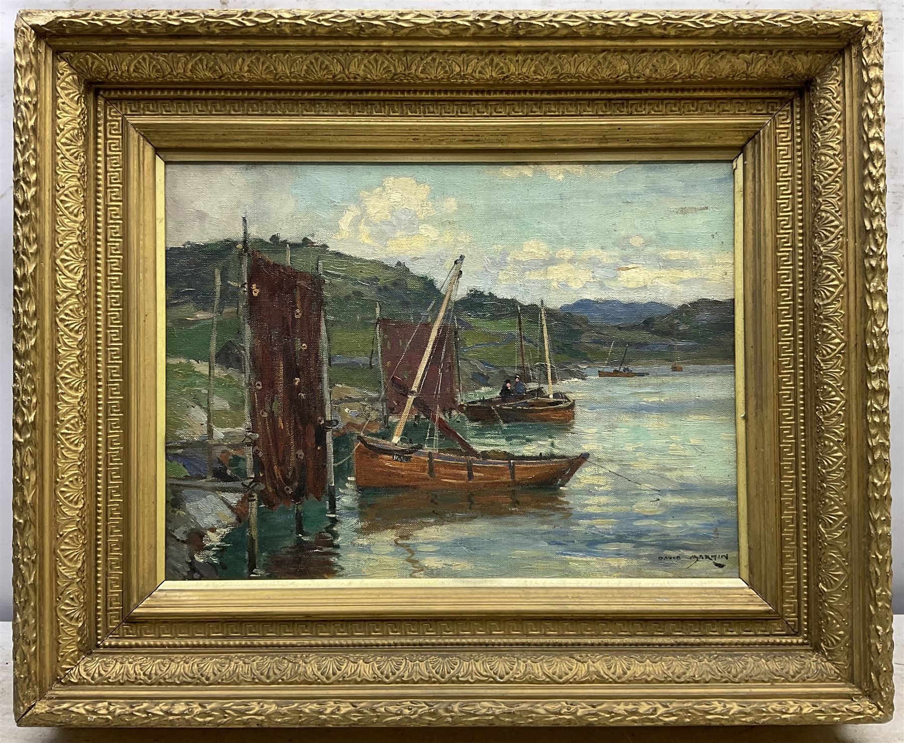 David Martin (Scottish fl.1884-1935): Fishing Boats Moored on the Coast of Scotland, oil on canvas signed 29cm x 39cm