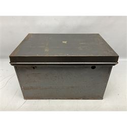 Assorted militaria including ten leather or canvas cartridge and other belts, maroon beret with 17th Lancers cap badge, modern bullet mould, leather and brass shot flask, two knives, shell cases, boomerang etc; in tin deed box