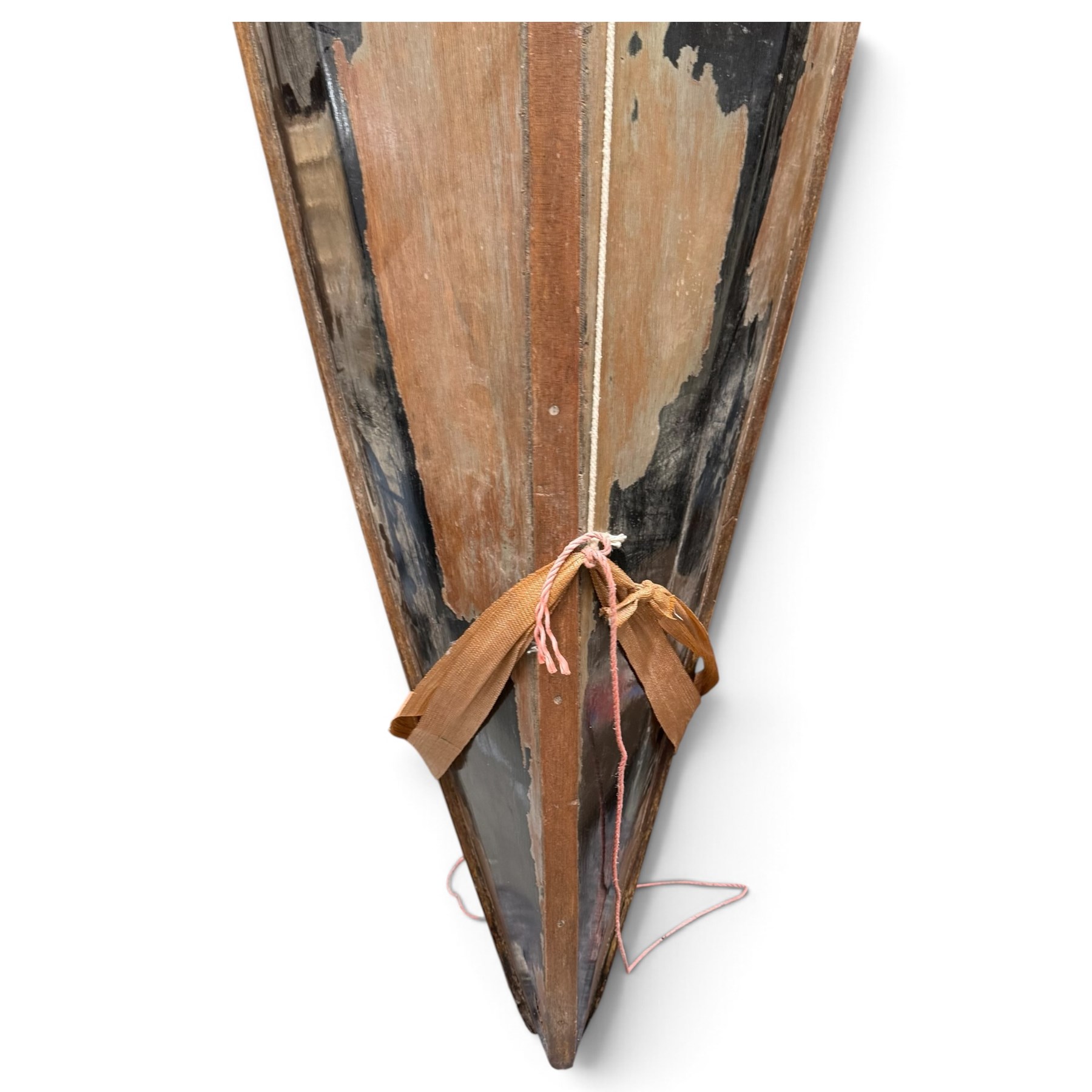 Mid-20th century varnished marine plywood two-person touring kayak, the decked hull with pointed bow and stern, two circular Holt-Allen access hatches and central open cockpit fitted with seats