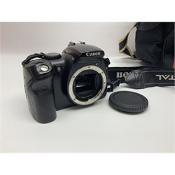 Four camera bodies, to include, Ricoh KR-10 serial no. 38826, Pentax MZ-M serial no. 4185969 with 'SMC Pentax- M 1:3.5 28mm' lens, Canon EOS500 serial no. 080927, with 'Sigma Zoom 100-300mm 1:4.5-6.7 DL'  lens etc, with other camera lenses and equipment 