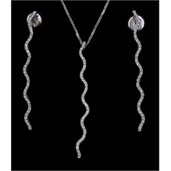  18ct white gold diamond wave design pendant necklace with matching earrings hallmarked   