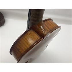 German violin c1900 stamped Stainer with 36cm two-piece maple back and ribs and spruce top L59.5cm overall; in simulated reptile skin carrying case