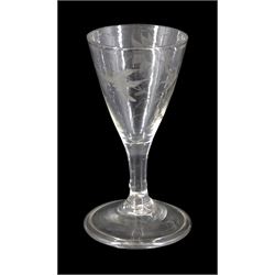 18th century drinking glass of possible Jacobite interest, the funnel bowl engraved with bird in flight and sunflower, upon a plain stem and folded conical foot, H11cm