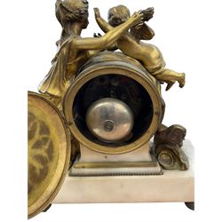 French - 19th century gilt metal and alabaster 8-day mantle clock, alabaster plinth with repusee panels raised on five circular feet, plinth surmounted with cast figures of a cherub and maiden, both supported by a drum case, with a white enamel dial, Arabic numerals and finely pierced gilt hands, twin train rack striking movement, striking the hours and half hours on a bell. No Pendulum. 