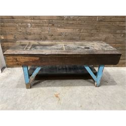 Large timber work bench with central glass section, and two pairs of vintage wooden step ladders (3)