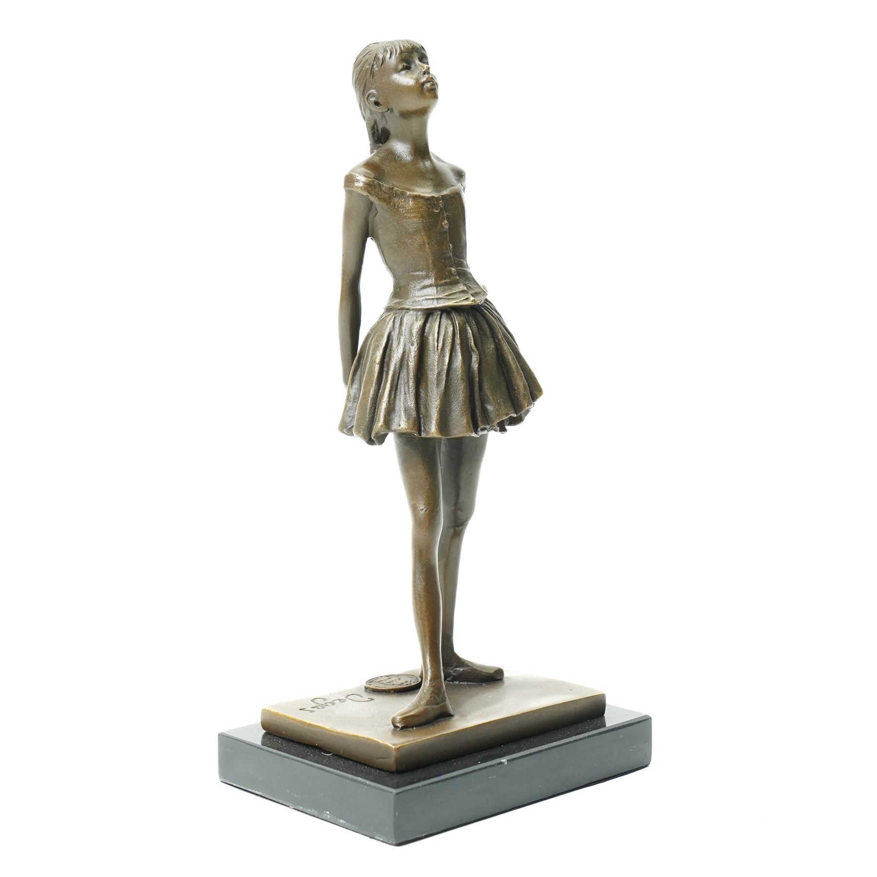 After Edgar Degas, (1834-1917), La Petite Danseuse de Quatorze Ans, small bronze figure modelled as a young female dancer, on rectangular black marble base, H18.5cm