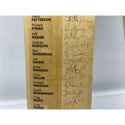 Two signed Yorkshire County cricket bats, from 2007 and 2008 seasons, bearing signatures including Darren Gough, Jason Gillespie, Younus Khan, Michael Vaughn and Tim Bresnan, etc
