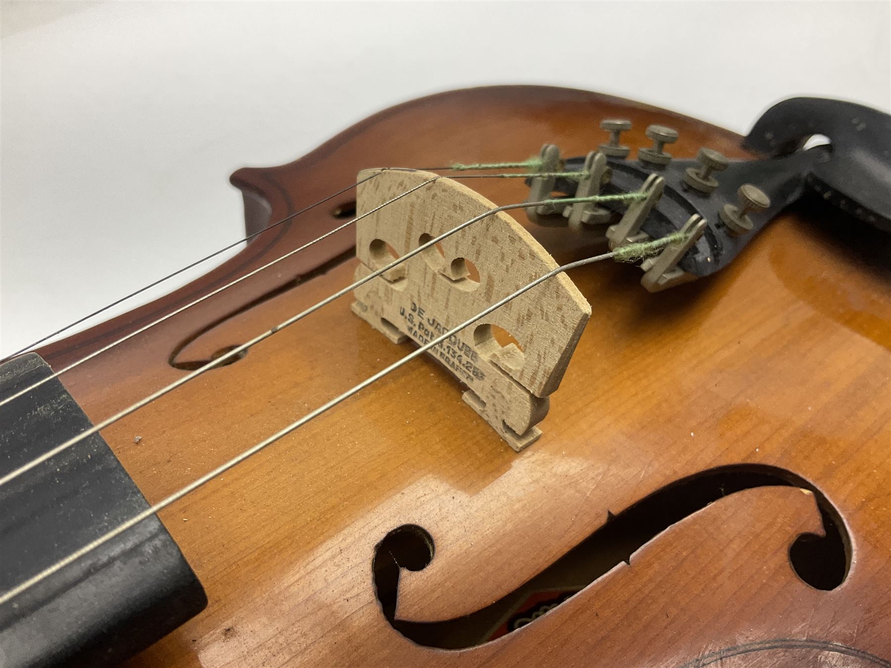 Chinese Parrot violin with 35.5cm two-piece back; L59.5cm in carrying case; and early 20th century German violin for restoration; bears label 'Antonius Stradivarius Faciebat Anno 1730'; cased with bow (2)