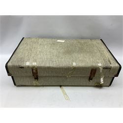 Ukelele, Westclox electric alarm  clock, vintage tins, National Rail hat, ceramics, boxed games, carved wood figures etc all housed in a suitcase